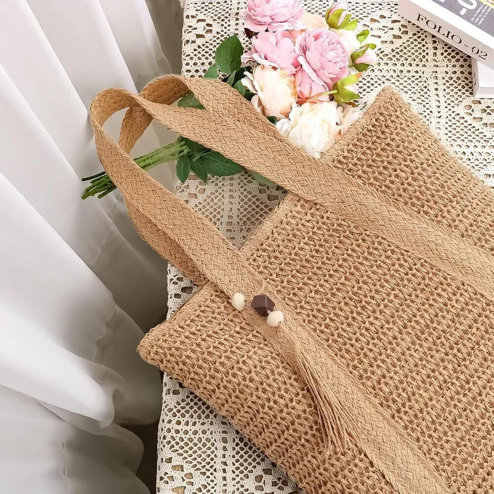 Womens Straw Woven Tote Bag Large Capacity Summer Beach Shoulder Purse